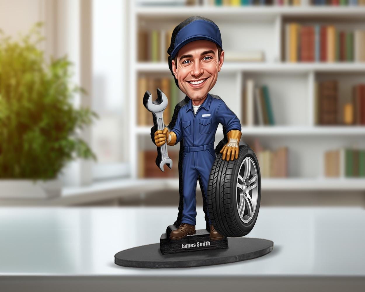 Custom Car Mechanic Gift for Men – Personalized Funny Figurine, Magnet, Keychain & Car Charm – Auto Repair Portrait from Your Photo
