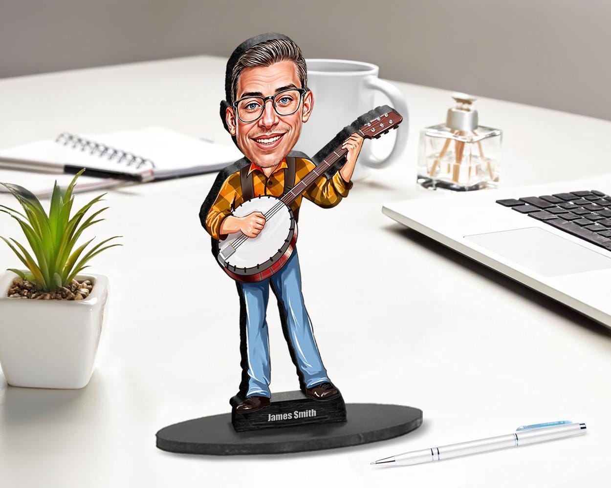 Custom Banjo Player Gift for Men – Personalized Funny Figurine, Magnet, Keychain & Car Charm – Unique Musician Caricature from Your Photo