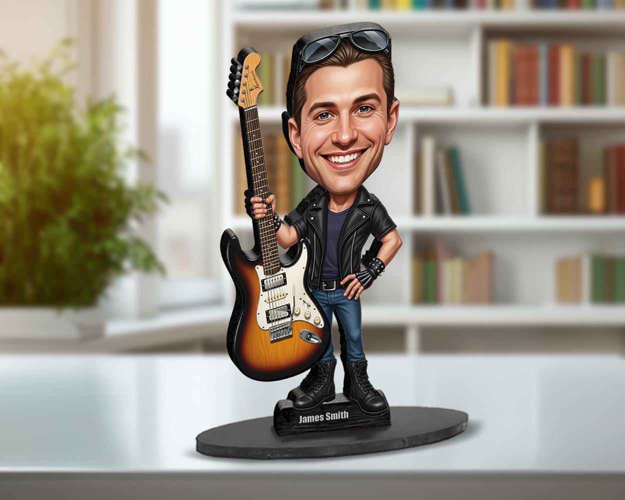 Custom Electric Guitar Player Gift – Funny Rock Figurine, Magnet, Keychain & Car Charm – Personalized Musician Portrait from Photo