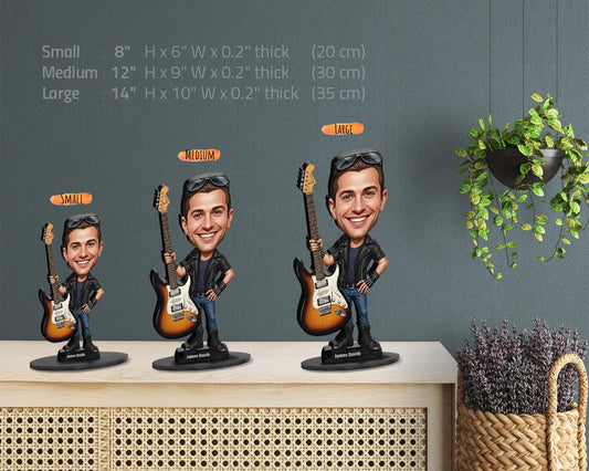 Custom Electric Guitar Player Gift – Funny Rock Figurine, Magnet, Keychain & Car Charm – Personalized Musician Portrait from Photo