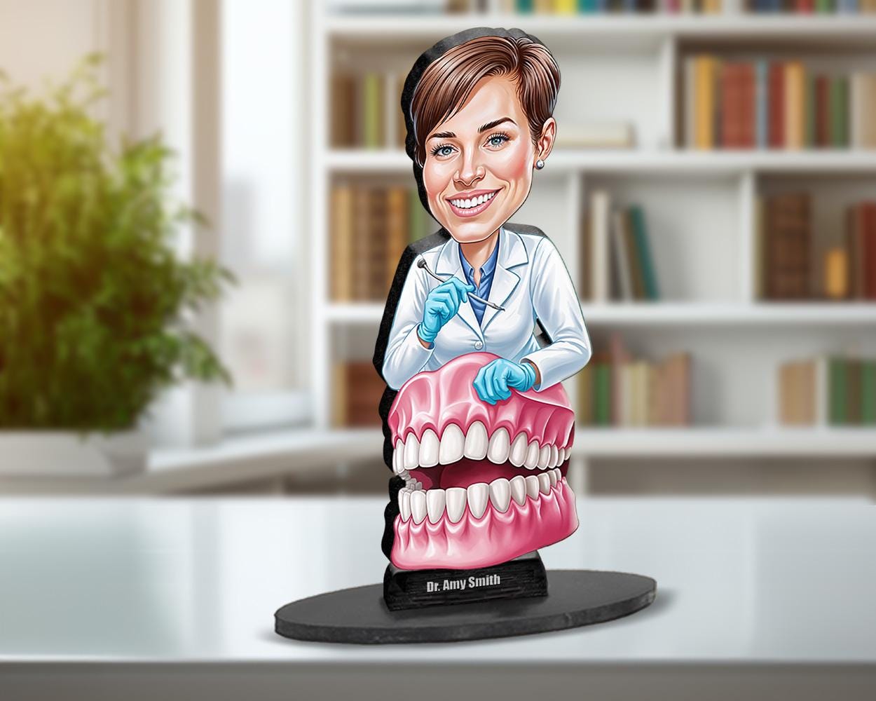 Orthodontist Graduation Gift | Custom Dentist Figurine with Dental Model | Personalized Caricature Figurine, Magnet, Keychain & Car Charm