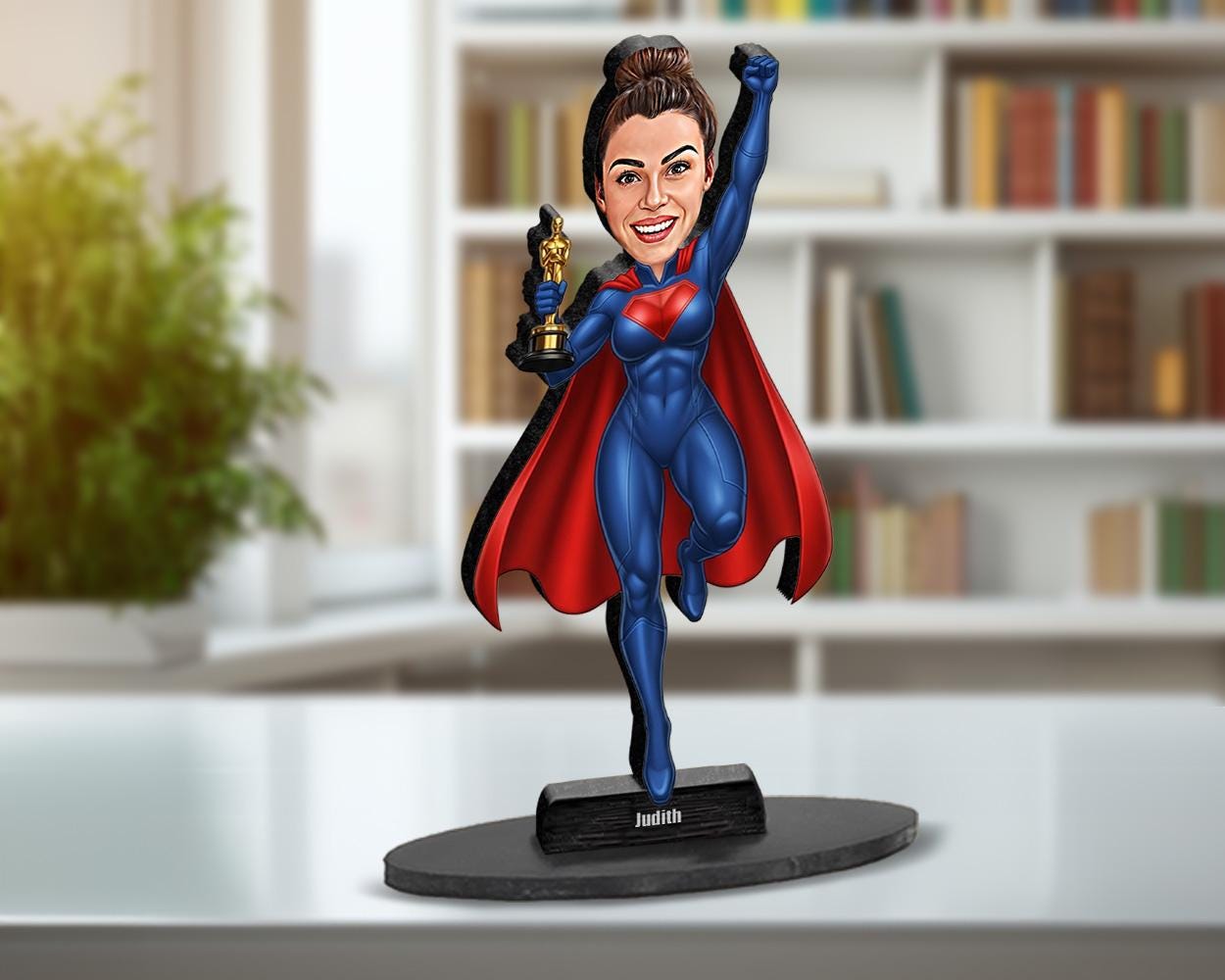 Custom Award Hero Gift for Women | Personalized Superhero Trophy Figurine from Photo | Funny Magnet, Keychain, Car Charm