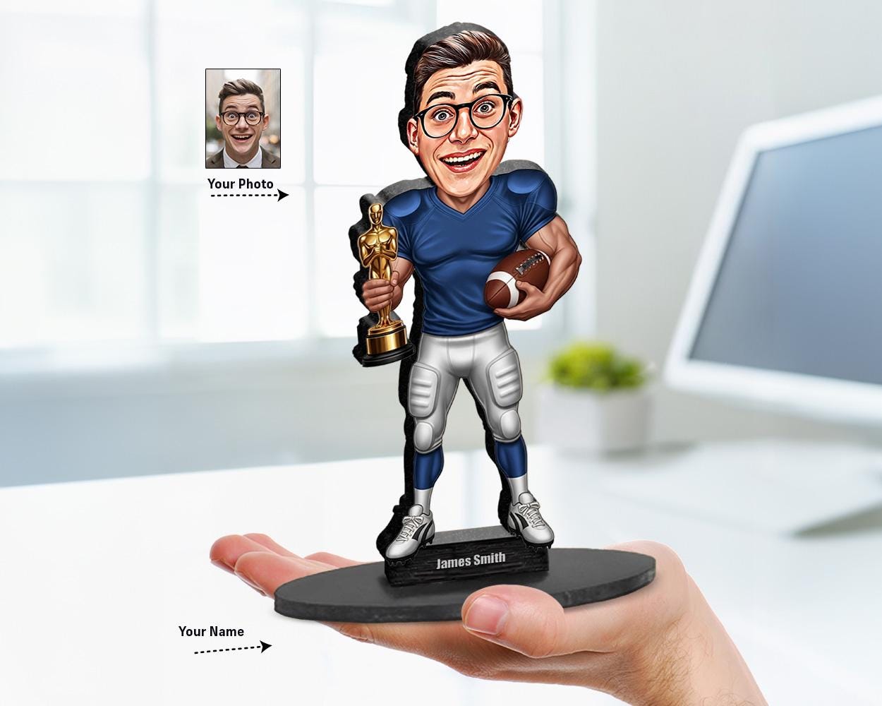 Custom caricature figurine of a football player holding a trophy, personalized with your face and name, available as wood or acrylic gift.