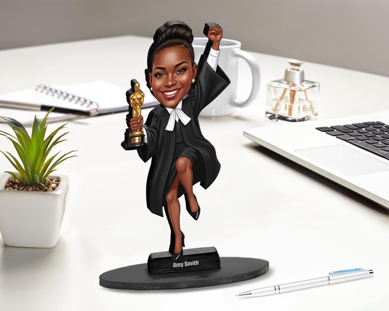 Custom Female Lawyer Figurine | Funny Attorney Graduation Gift with Trophy | Personalized Magnet, Keychain, Car Charm