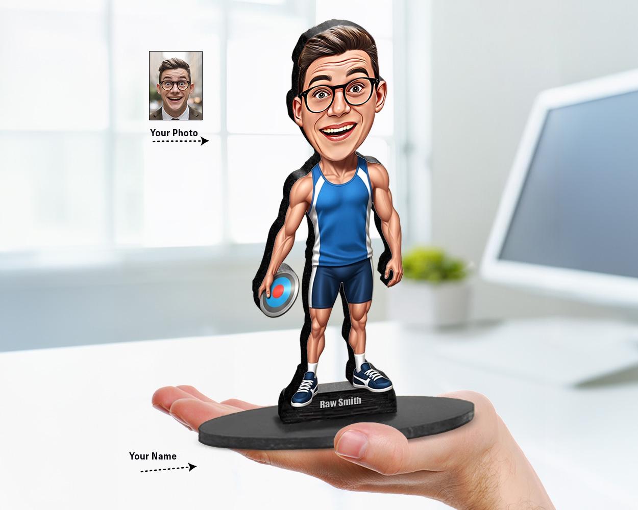Big-head cartoon caricature of a male discus thrower in action, customized from your photo, printed on acrylic or mounted on a wooden base.