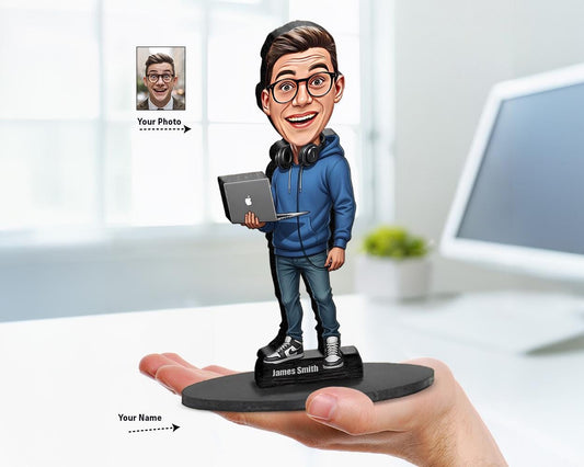 Big-head cartoon caricature of a male music producer wearing headphones and standing at a soundboard, custom-made from photo, printed on acrylic or wood.