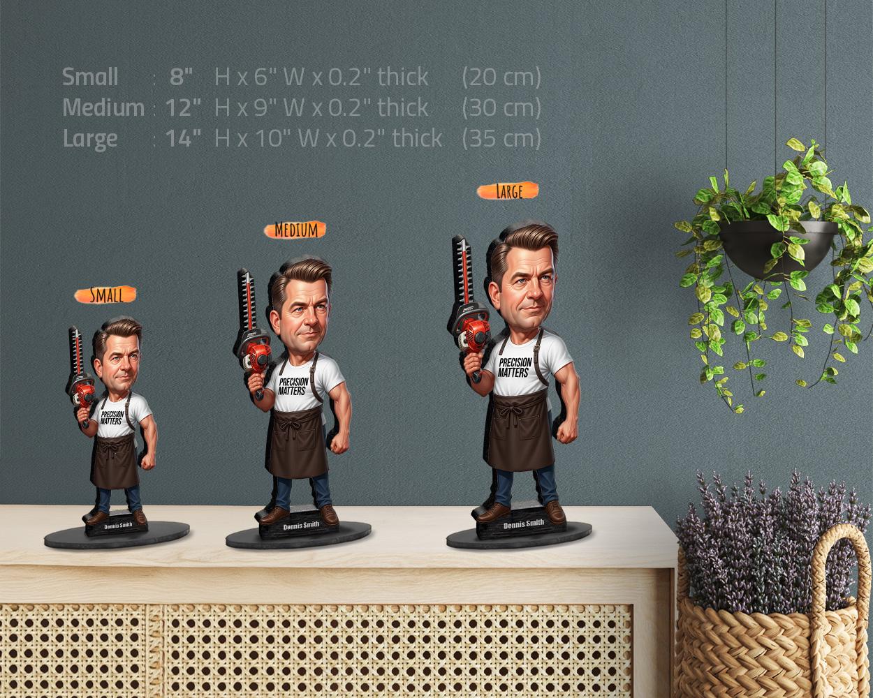 Funny Barber Gift for Men | Custom Caricature Figurine with Hedge Trimmer | Personalized Magnet, Keychain & Car Charm from Your Photo