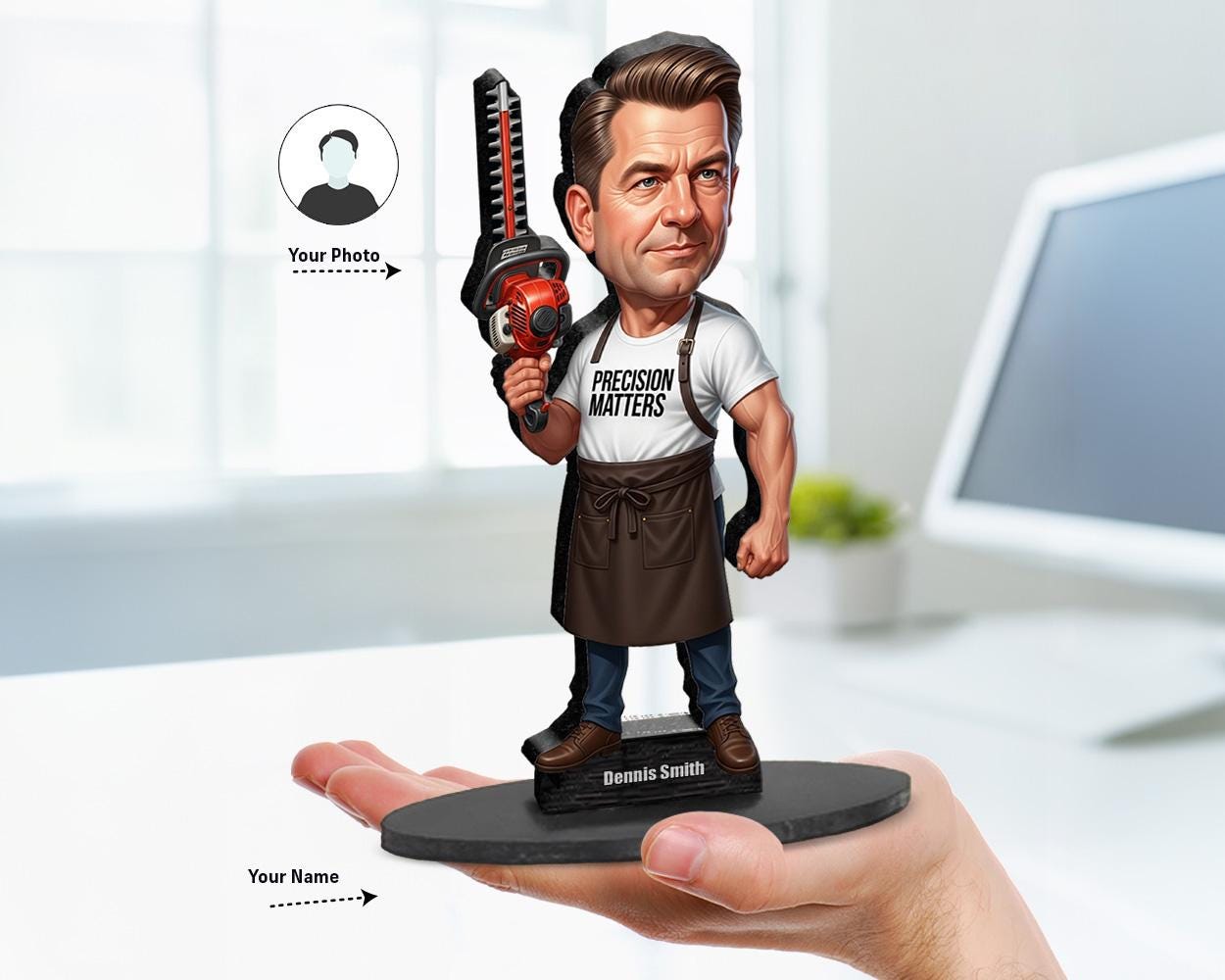 Big-head cartoon caricature of a barber in apron holding a hedge trimmer like hair clippers, wearing a “Precision Matters” shirt, custom-made from a photo
