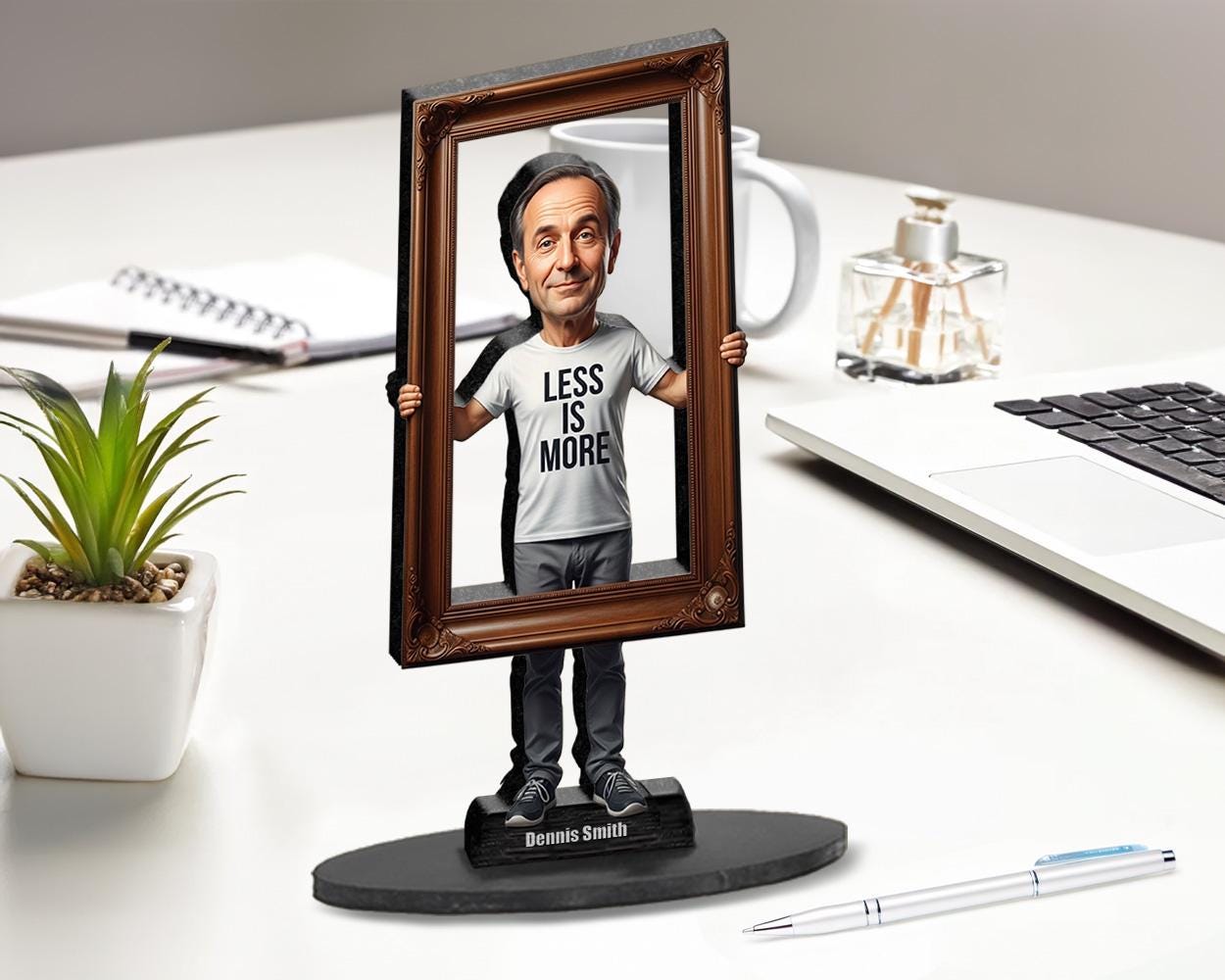 Funny Minimalist Gift for Men | Custom Figurine with Empty Frame & “Less is More” Shirt | Personalized Magnet, Keychain - Car Charm