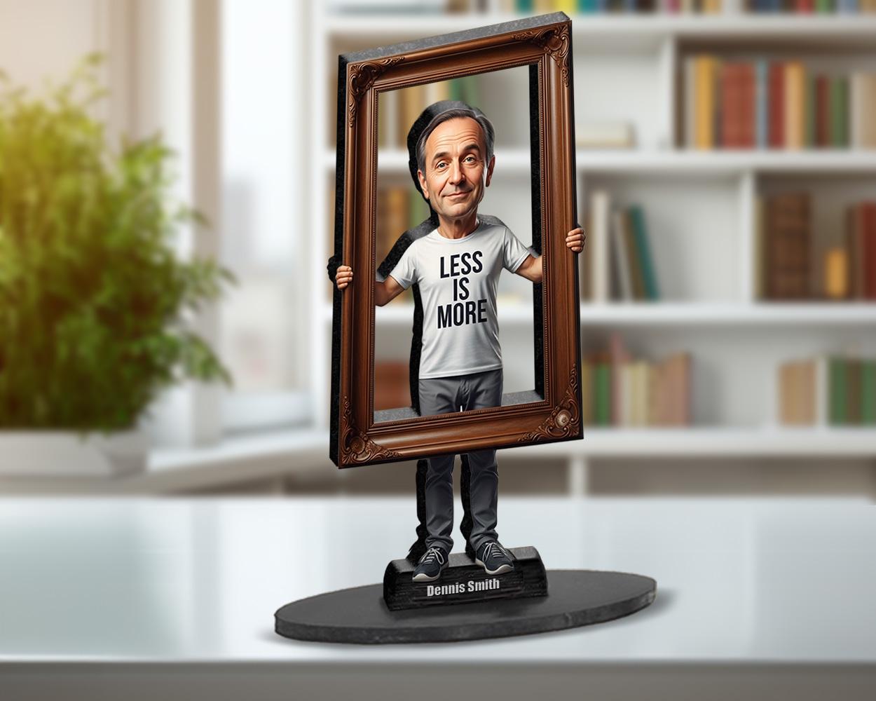 Funny Minimalist Gift for Men | Custom Figurine with Empty Frame & “Less is More” Shirt | Personalized Magnet, Keychain - Car Charm