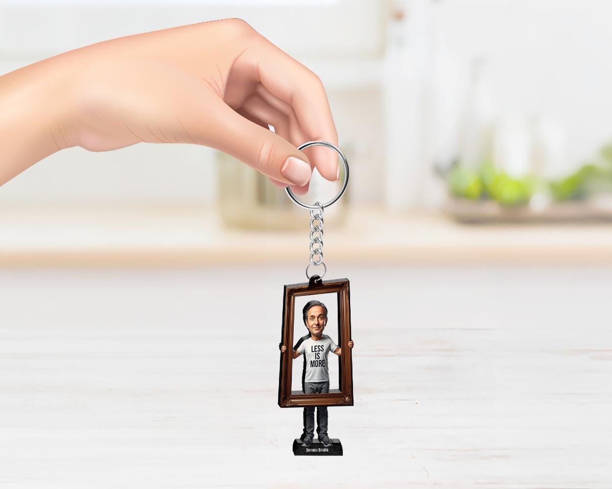 Funny Minimalist Gift for Men | Custom Figurine with Empty Frame & “Less is More” Shirt | Personalized Magnet, Keychain - Car Charm