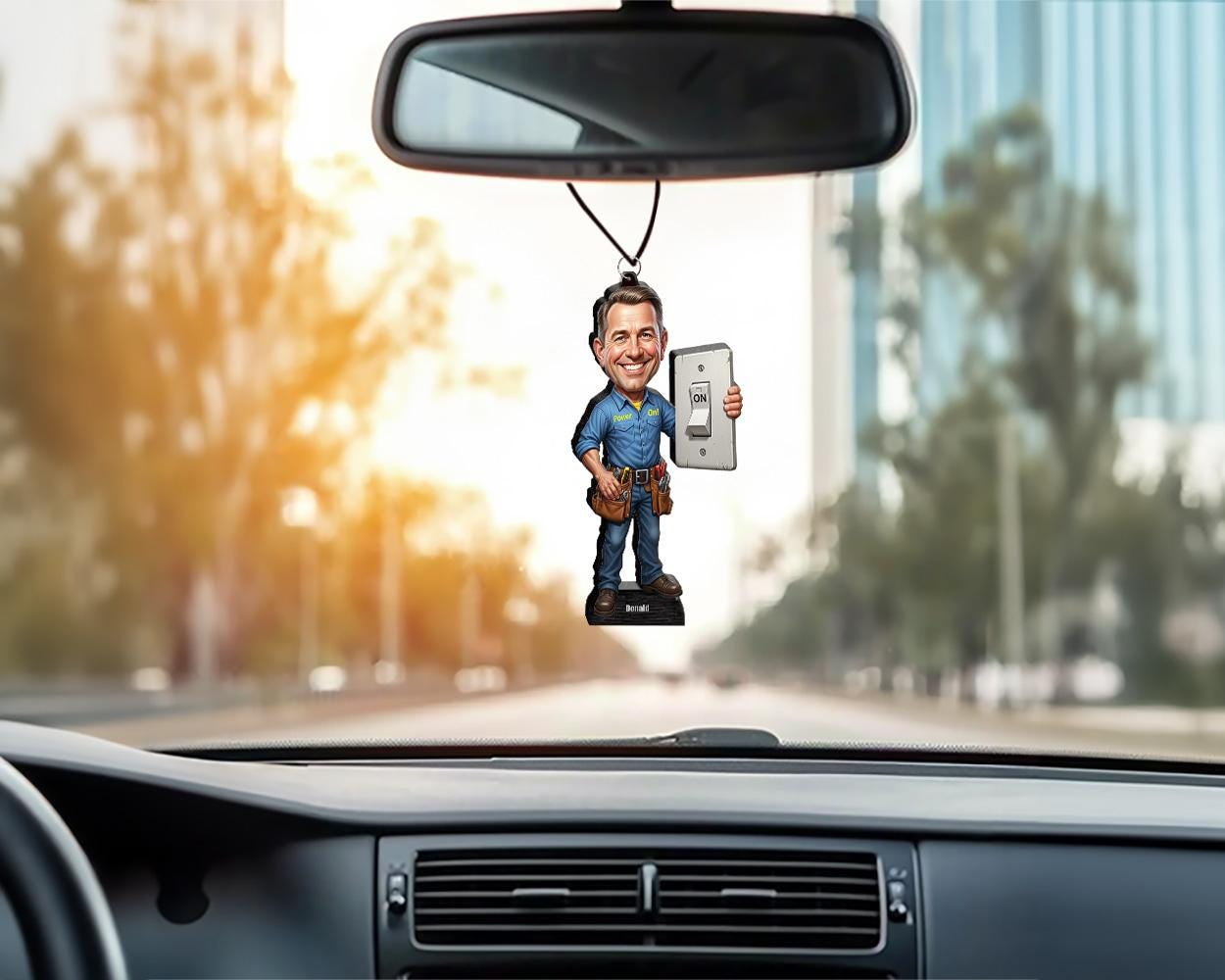 Custom Electrician Gift for Him | Funny Figurine with Light Switch & Tool Belt | Personalized Magnet, Keychain, Car Charm from Photo