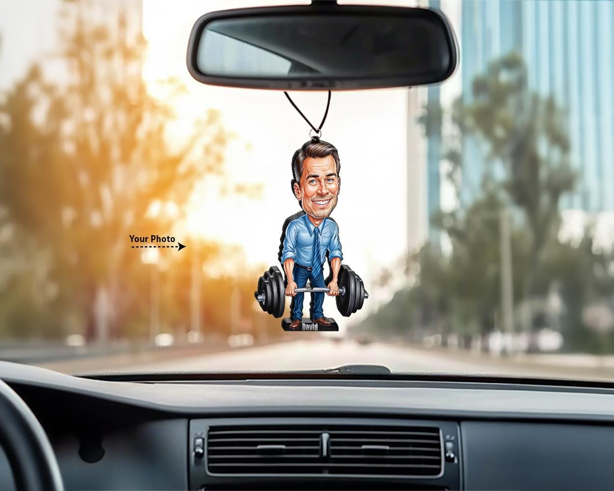 Office Worker Gift | Strong Boss Figurine – Funny Personalized Caricature with Barbell – Custom Magnet, Keychain & Car Charm