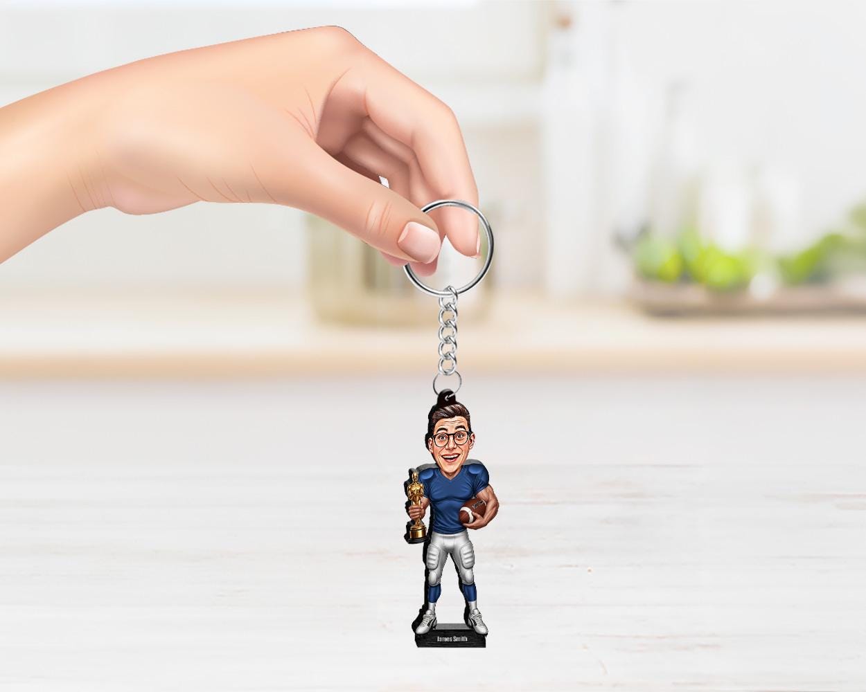 Custom Football Award Gift | Personalized Funny Figurine with Trophy | American Football Magnet, Keychain, Car Charm