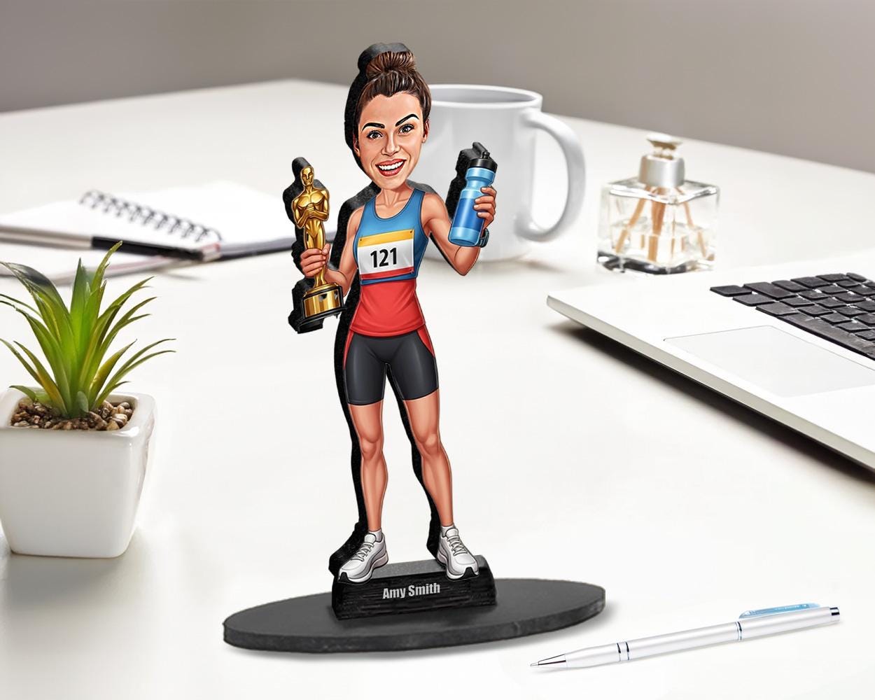 Custom Female Marathon Runner Figurine | Personalized Race Day Gift with Trophy | Unique Magnet, Keychain, Car Charm