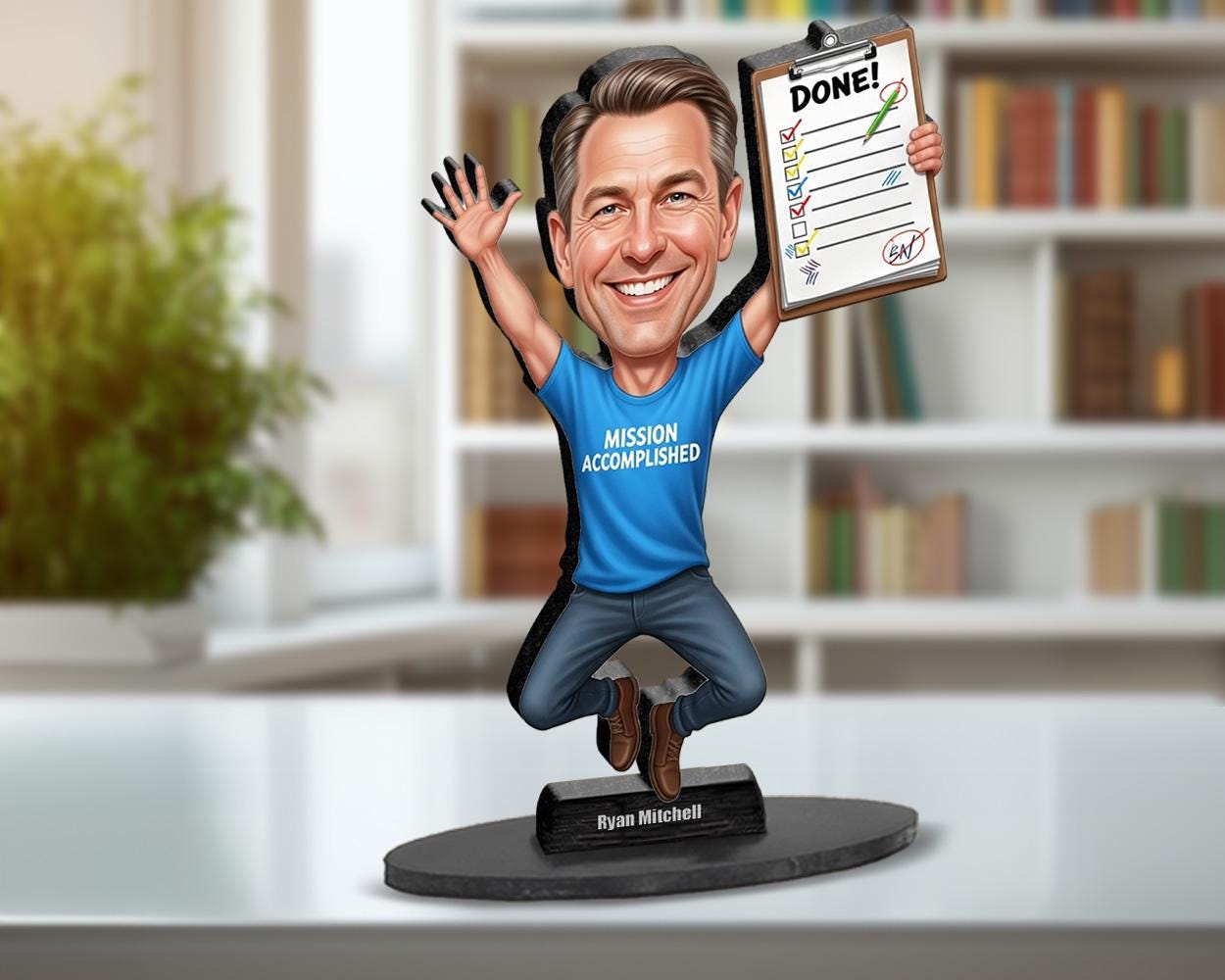 Funny Mission Accomplished Figurine Gift | Custom Goal Getter Caricature | Magnet, Keychain, Car Charm