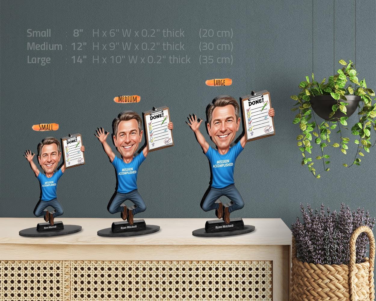 Funny Mission Accomplished Figurine Gift | Custom Goal Getter Caricature | Magnet, Keychain, Car Charm