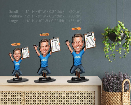 Funny Mission Accomplished Figurine Gift | Custom Goal Getter Caricature | Magnet, Keychain, Car Charm