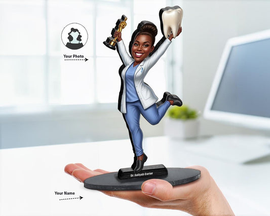 Orthodontist Gift Figurine | Custom Black Female Dentist Caricature with Name & Photo | Magnet, Keychain, Car Charm