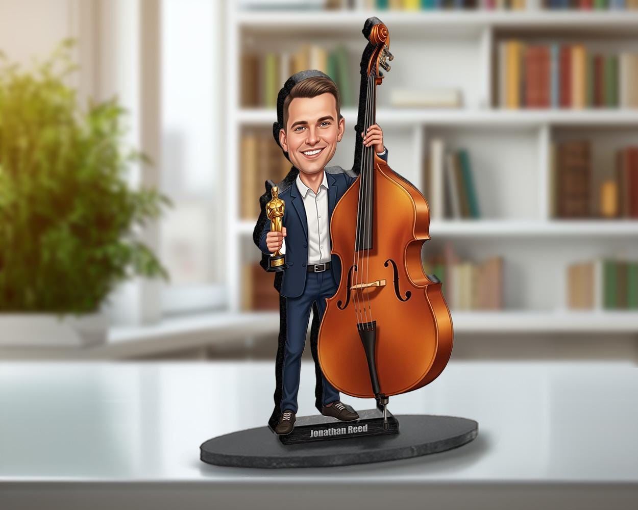 Personalized Male Double Bassist Figurine | Music Award Caricature Portrait from Your Photo | Custom Figurine, Magnet, Keychain & Car Charm