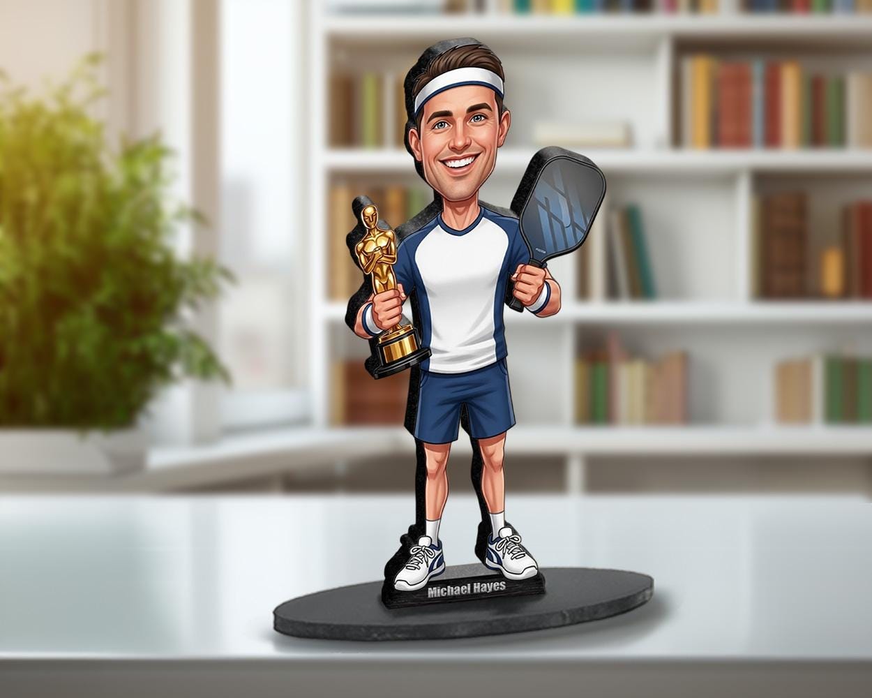 Personalized Male Pickleball Champion Figurine | Award Caricature Portrait from Your Photo | Custom Figurine, Magnet, Keychain & Car Charm