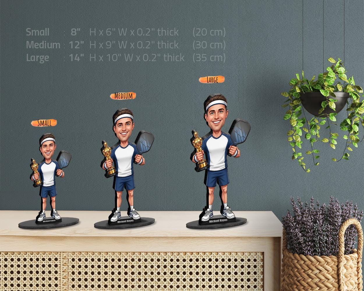 Personalized Male Pickleball Champion Figurine | Award Caricature Portrait from Your Photo | Custom Figurine, Magnet, Keychain & Car Charm