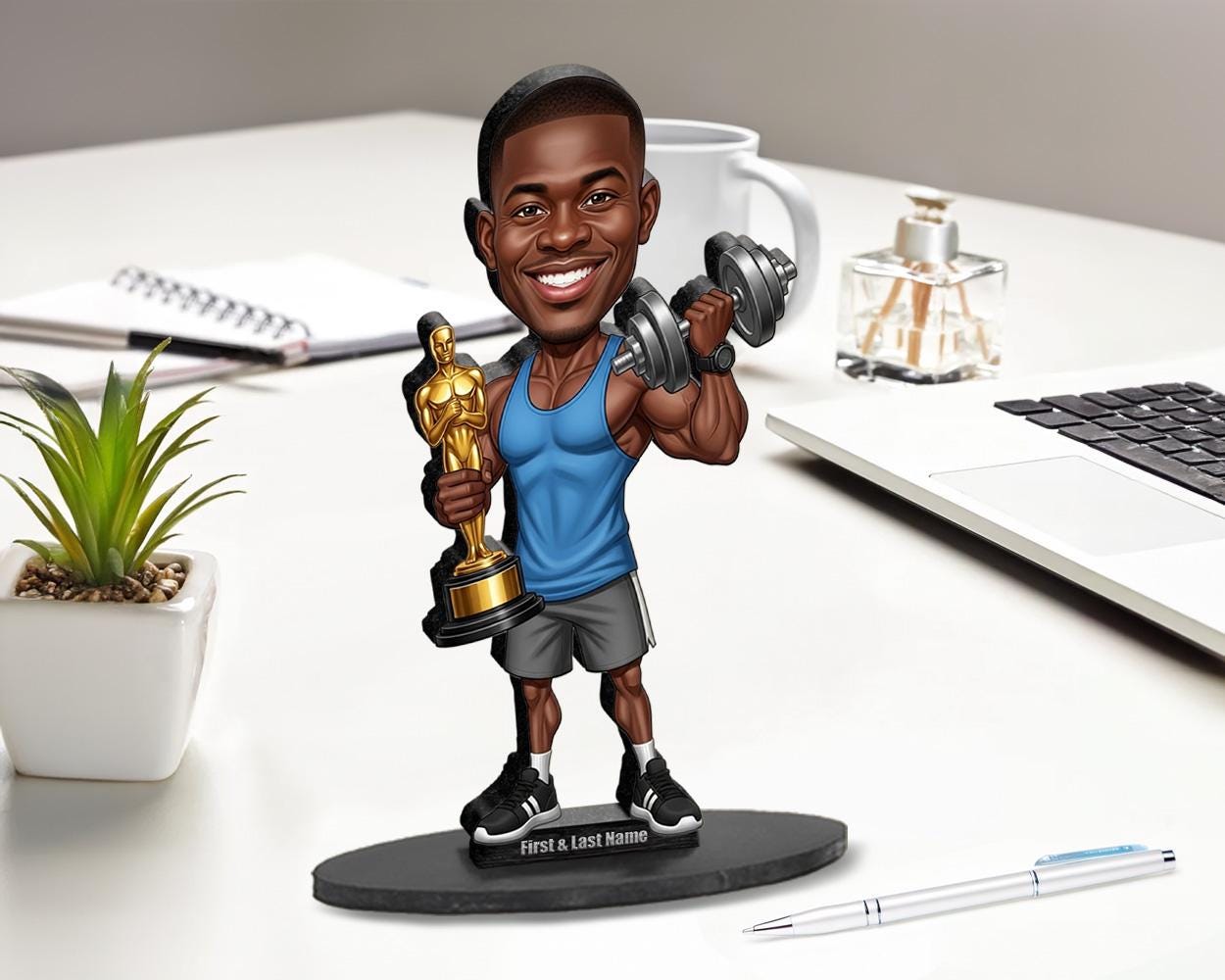 African American Personal Trainer Award Gift | Fitness Coach Caricature Trophy Keepsake | Custom Figurine, Magnet, Keychain & Car Charm