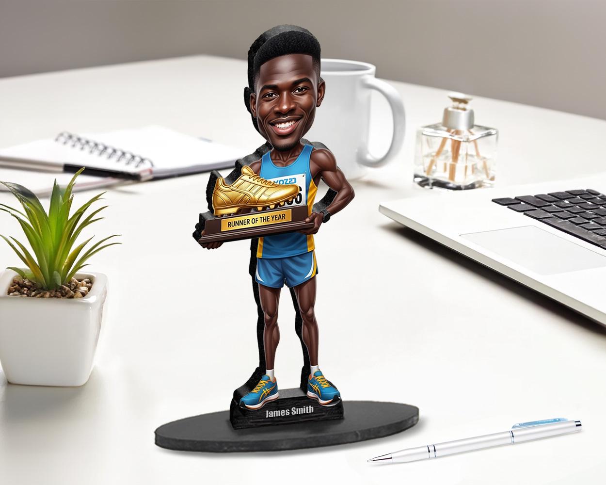 Runner of the Year Gift | Custom Black Male Athlete Figurine with Golden Shoe | Personalized Track Star Caricature from Photo