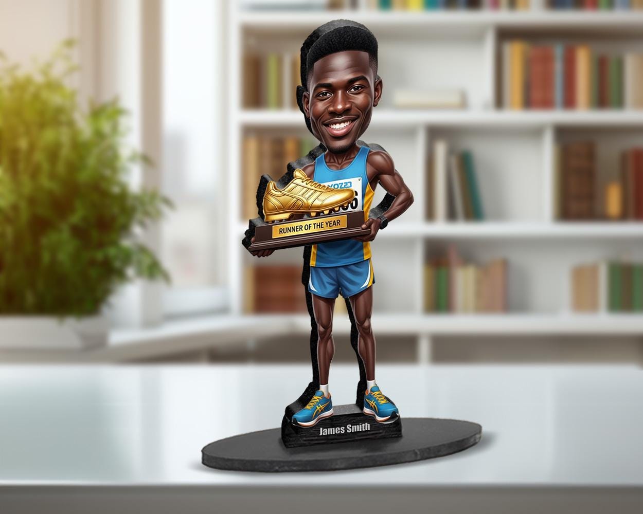 Runner of the Year Gift | Custom Black Male Athlete Figurine with Golden Shoe | Personalized Track Star Caricature from Photo