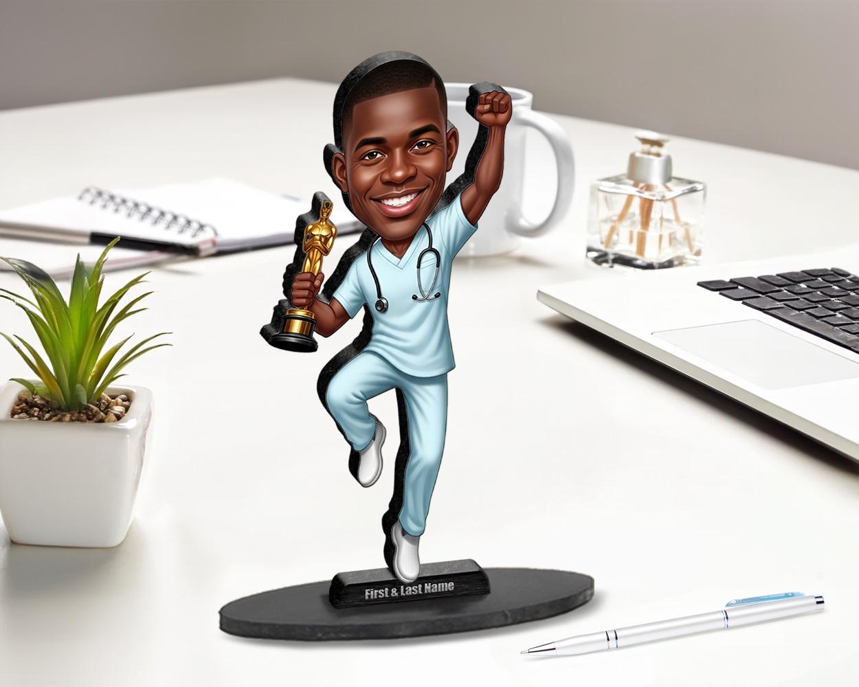 African American Male Doctor Figurine | Custom Medical Award Caricature | Personalized Figurine, Magnet, Keychain & Car Charm