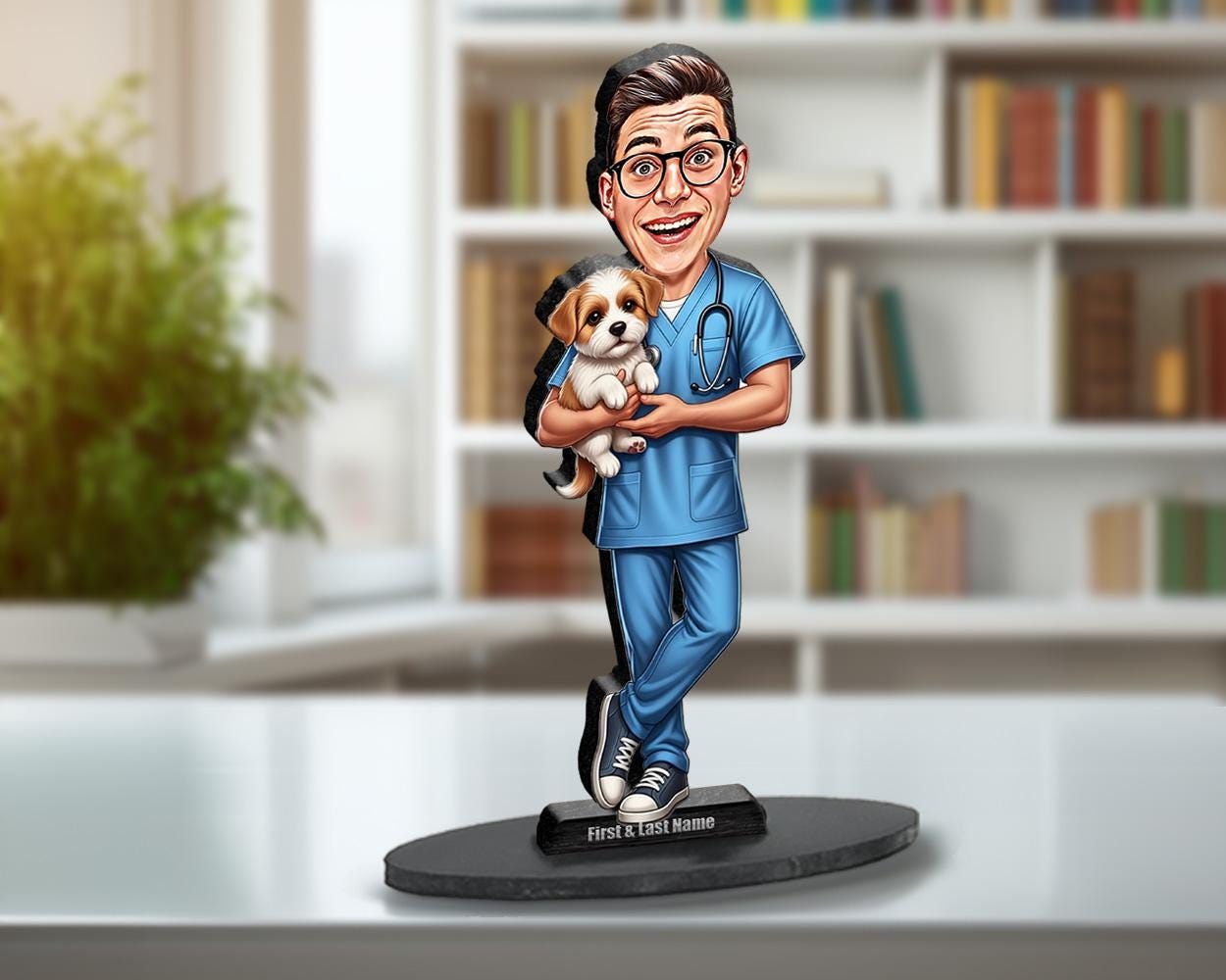Male Veterinarian Figurine | Personalized Veterinary Caricature Gift from Your Photo and Name | Custom Figurine Magnet Keychain Car Charm