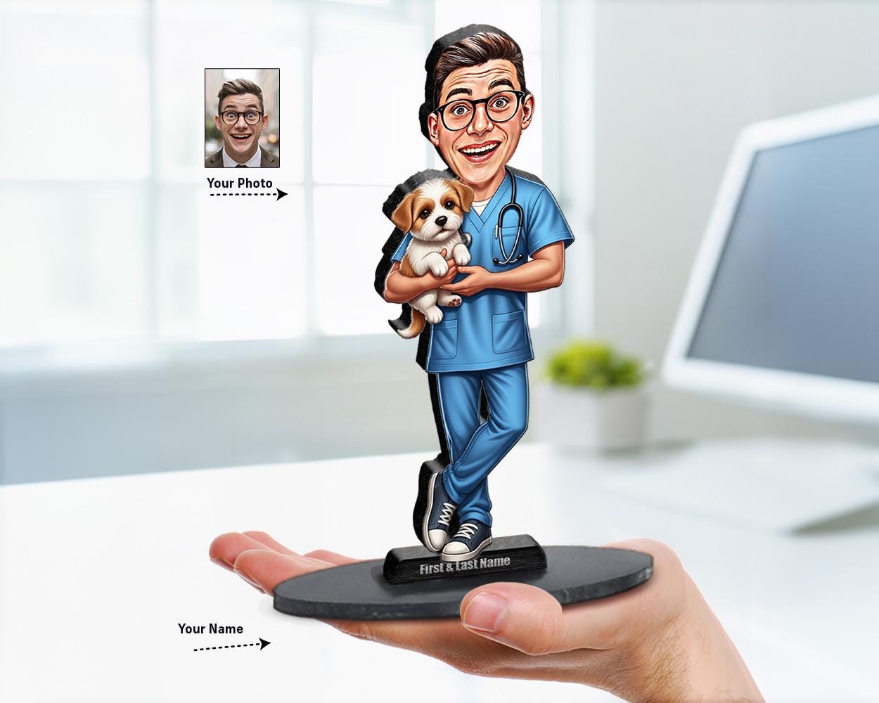 Male Veterinarian Figurine | Personalized Veterinary Caricature Gift from Your Photo and Name | Custom Figurine Magnet Keychain Car Charm