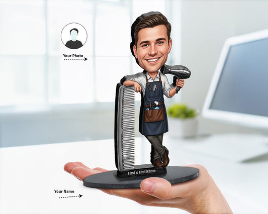 big-head caricature of a male hairdresser holding blow dryer and leaning on giant comb, printed on wood or acrylic, standing pose, white background