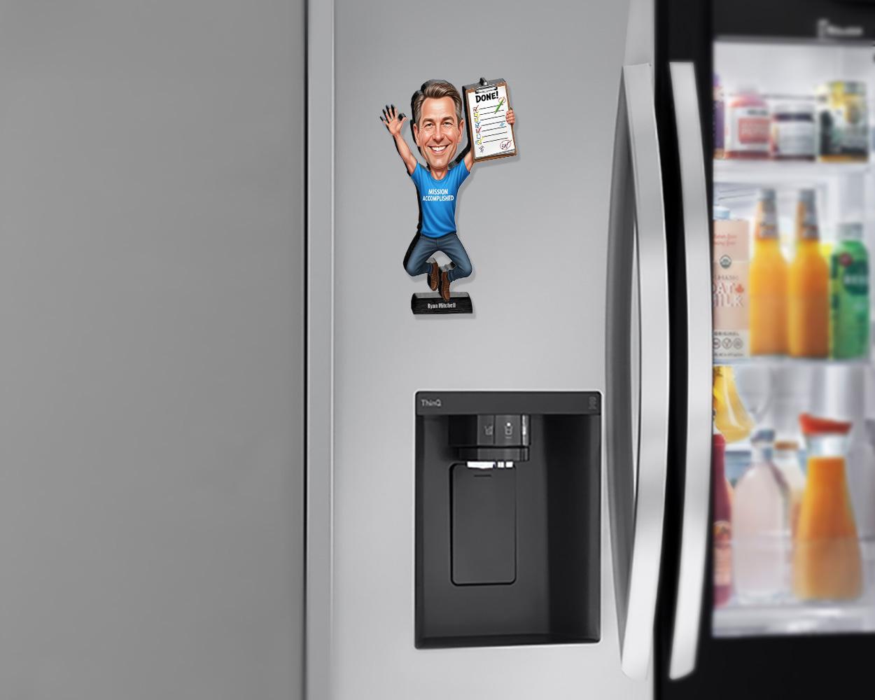 Funny Mission Accomplished Figurine Gift | Custom Goal Getter Caricature | Magnet, Keychain, Car Charm