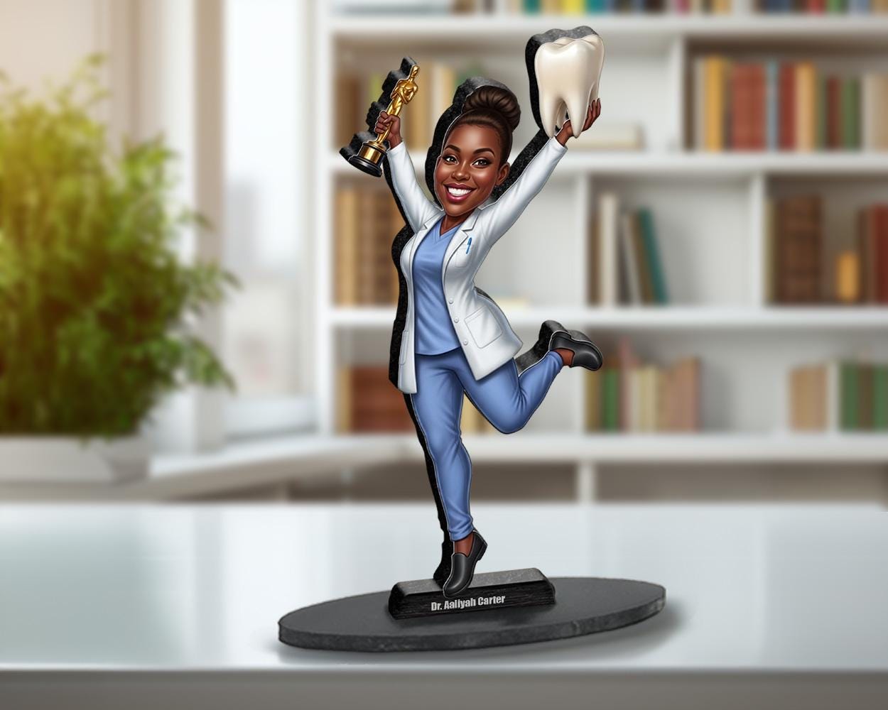 Orthodontist Gift Figurine | Custom Black Female Dentist Caricature with Name & Photo | Magnet, Keychain, Car Charm