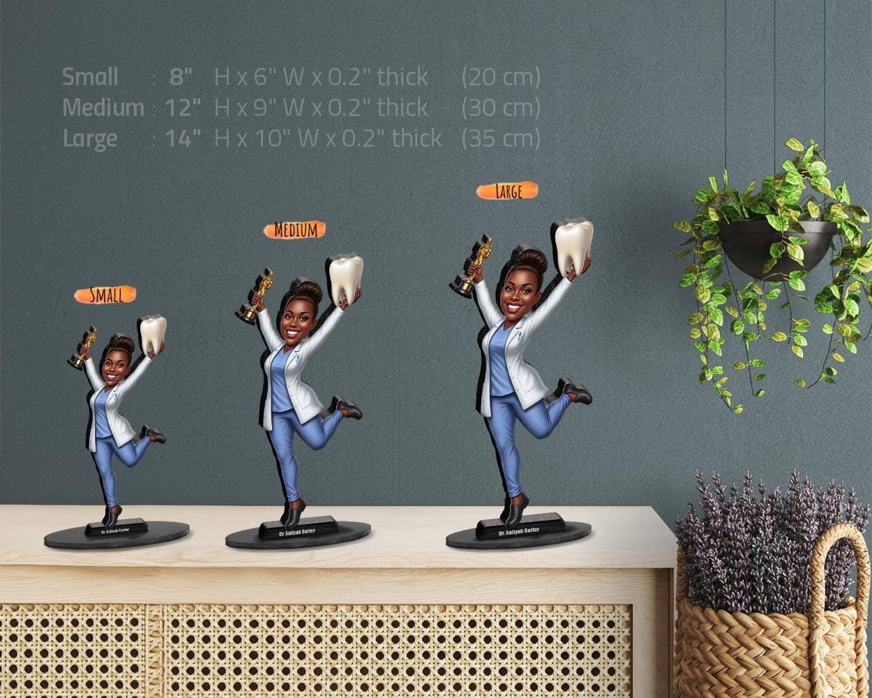 Orthodontist Gift Figurine | Custom Black Female Dentist Caricature with Name & Photo | Magnet, Keychain, Car Charm