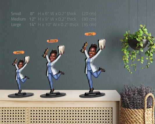 Orthodontist Gift Figurine | Custom Black Female Dentist Caricature with Name & Photo | Magnet, Keychain, Car Charm