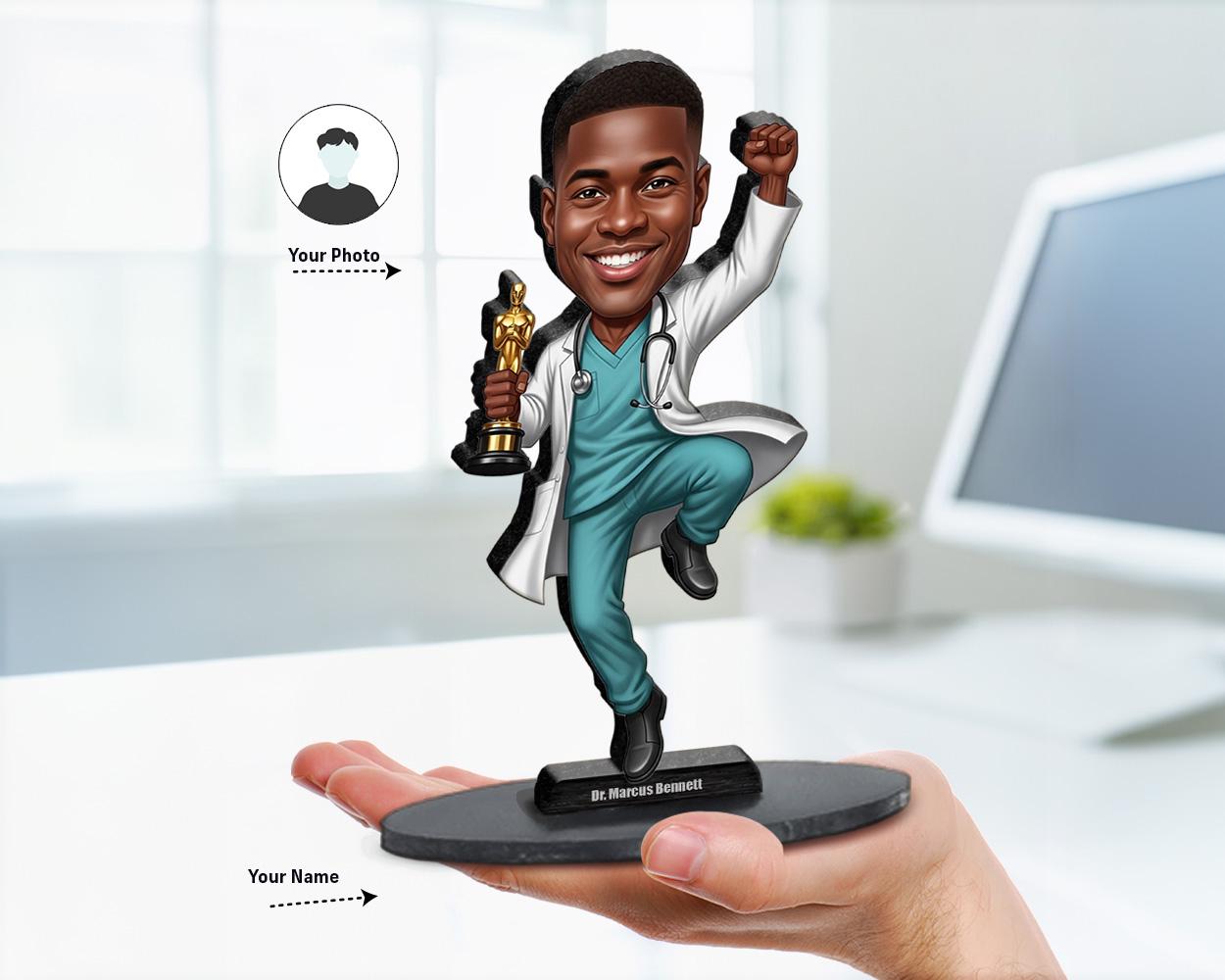 Custom big-head caricature of an African American male doctor in teal scrubs and white coat, holding a golden trophy, with personalized nameplate, printed on wood or clear acrylic.