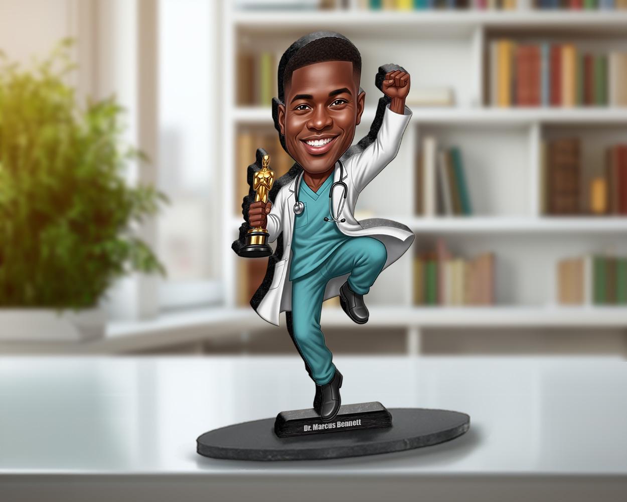 African American Male Doctor Figurine with Trophy | Custom Physician Caricature with Name & Photo | Medical Graduation Gift