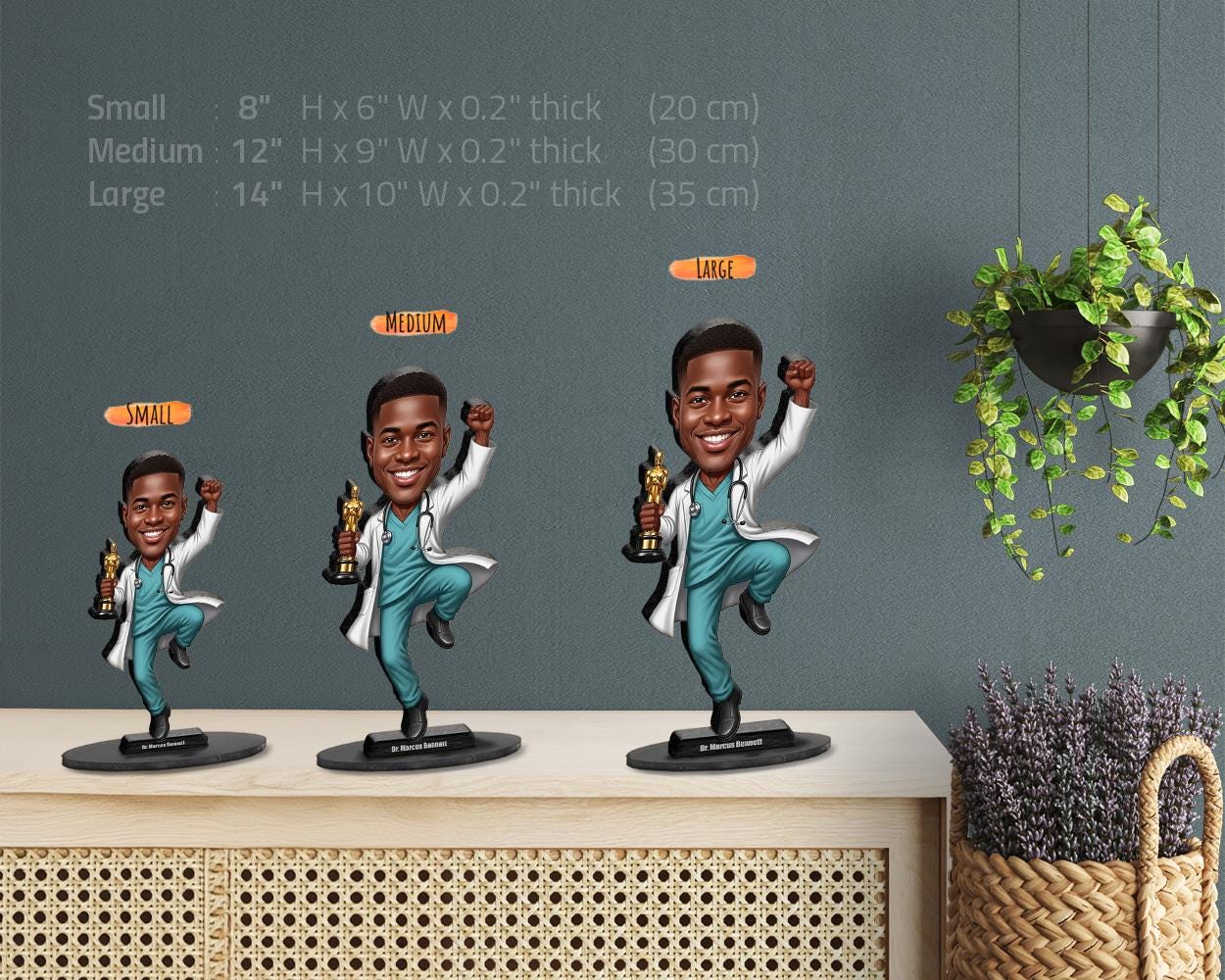 African American Male Doctor Figurine with Trophy | Custom Physician Caricature with Name & Photo | Medical Graduation Gift