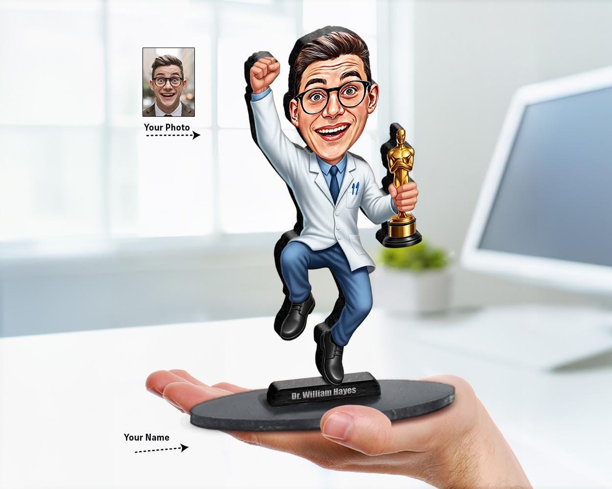 Personalized big-head caricature portrait from your photo of a male cardiologist in lab coat holding a trophy, available as custom figurine, magnet, keychain, or car charm.
