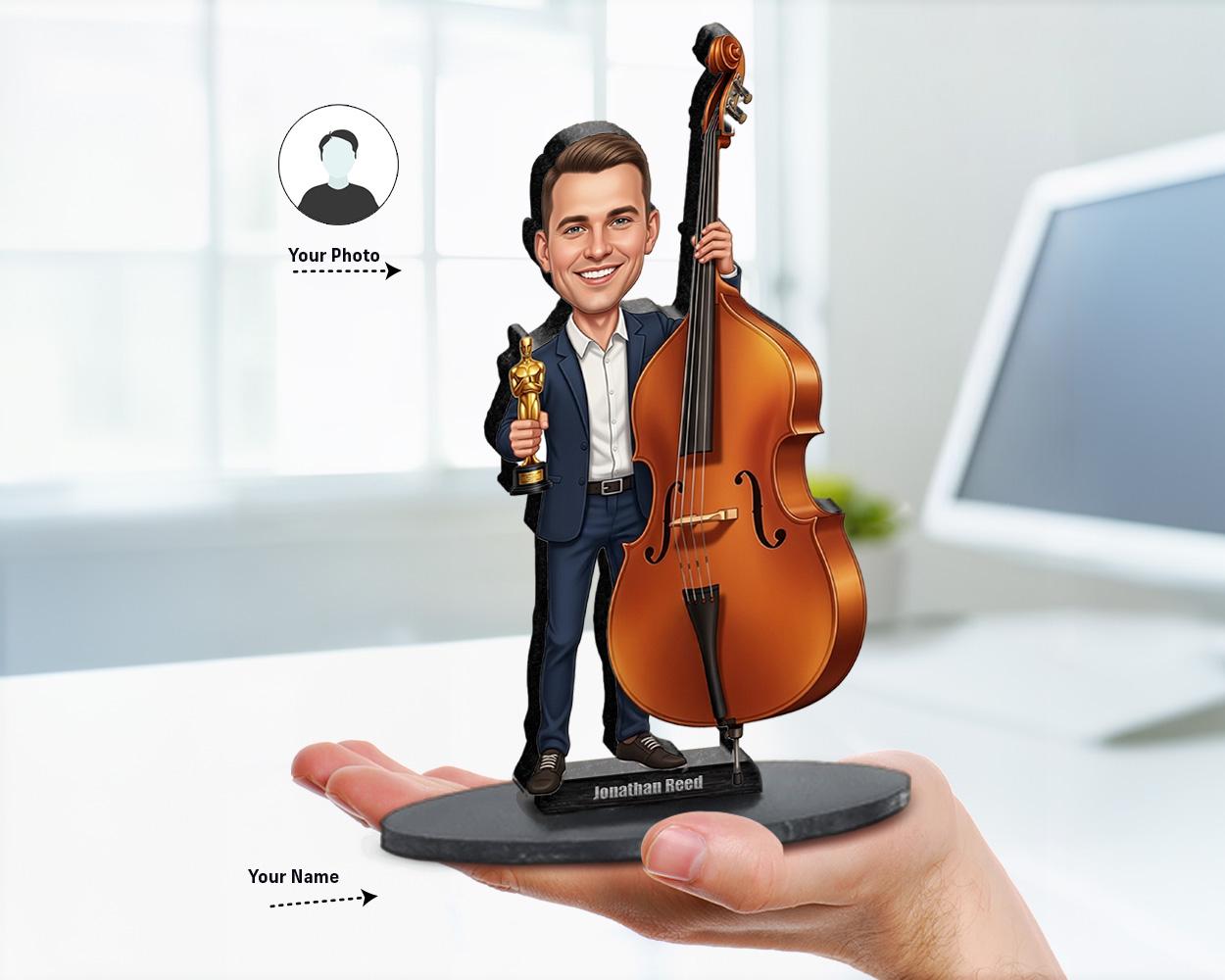 Personalized big-head caricature portrait from your photo of a male double bassist in a suit holding a trophy and a double bass, available as custom figurine, magnet, keychain, or car charm.