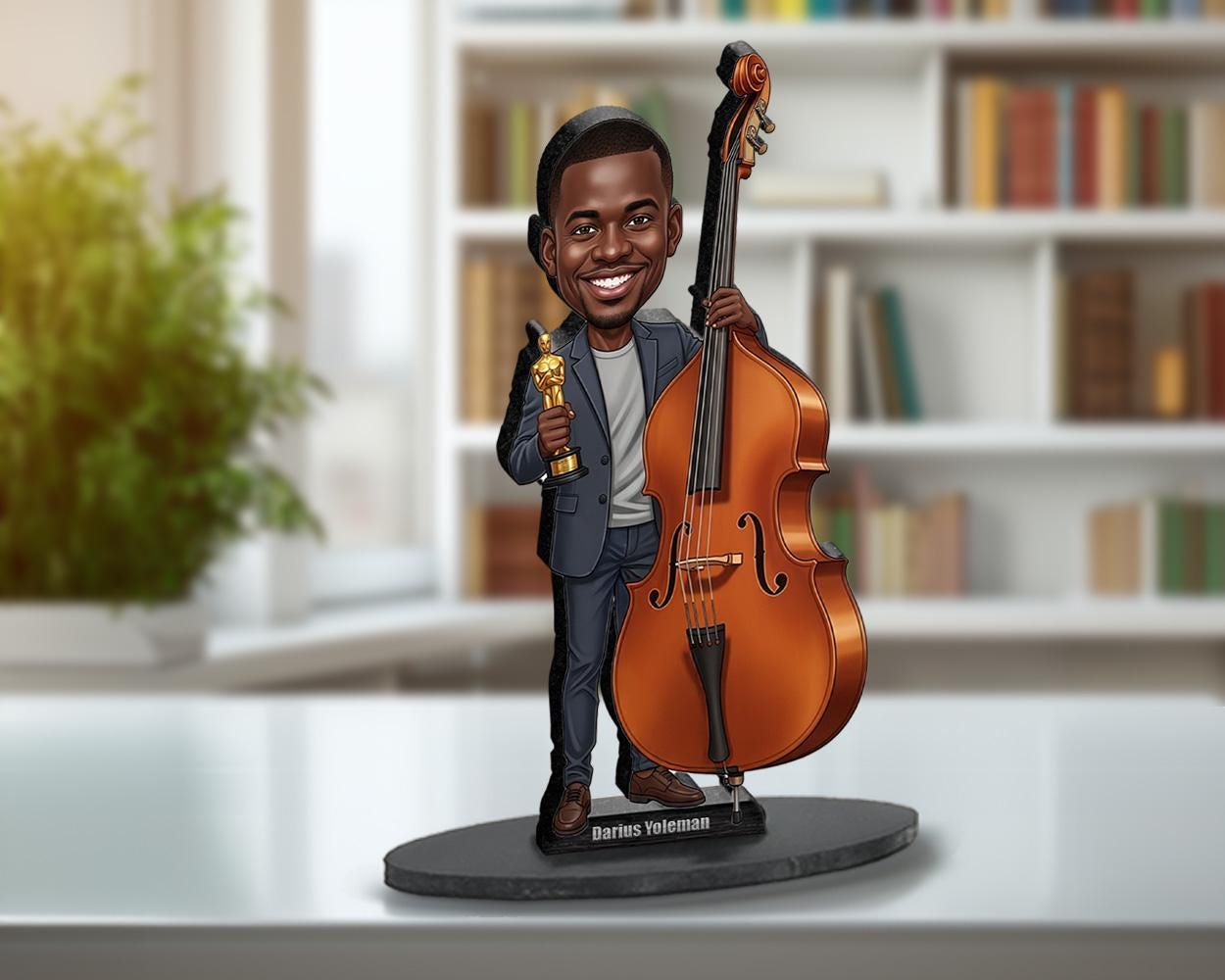 Personalized African American Male Double Bassist Figurine | Music Award Caricature from Your Photo | Custom Figurine & Magnet