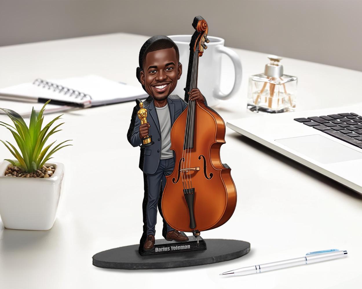 Personalized African American Male Double Bassist Figurine | Music Award Caricature from Your Photo | Custom Figurine & Magnet