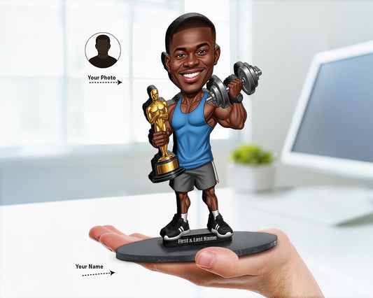 Big-head caricature of an African American male personal trainer holding a trophy and dumbbell, printed on wood or acrylic, standing pose, white background.