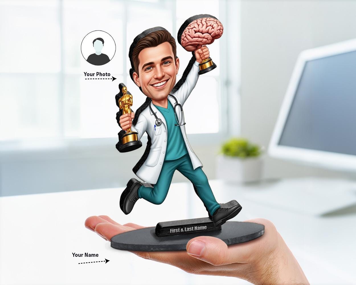 Big-head caricature of a male neurosurgeon in scrubs and white coat holding a brain trophy and gold award statue, printed on wood or acrylic, white background.