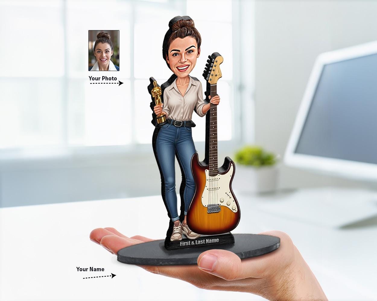Big-head caricature of a female guitarist holding an electric guitar and a gold award trophy, printed on wood or acrylic, white background.