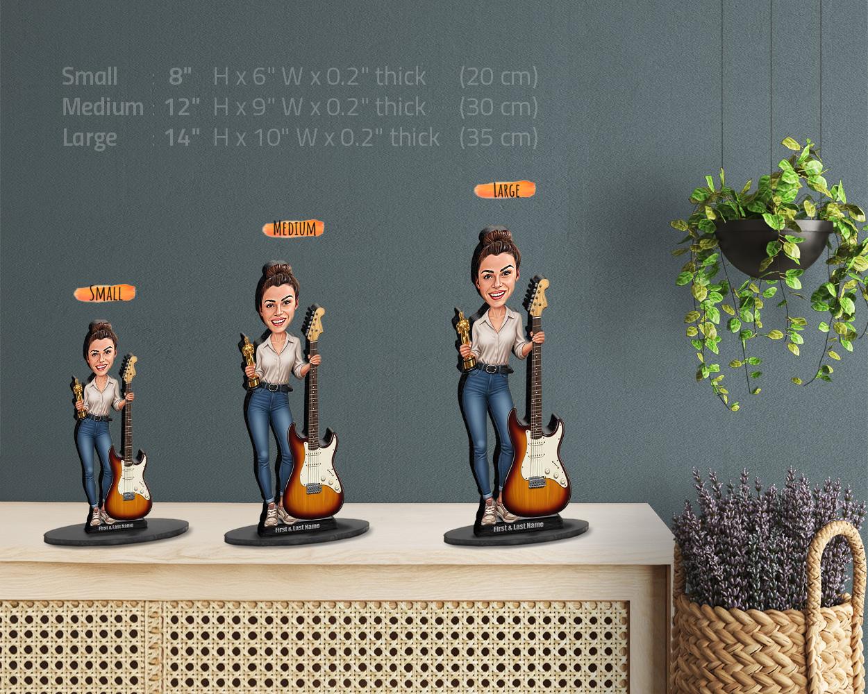 Personalized Female Guitarist Figurine | Musician Award Caricature Gift | Custom Figurine, Magnet, Keychain & Car Charm