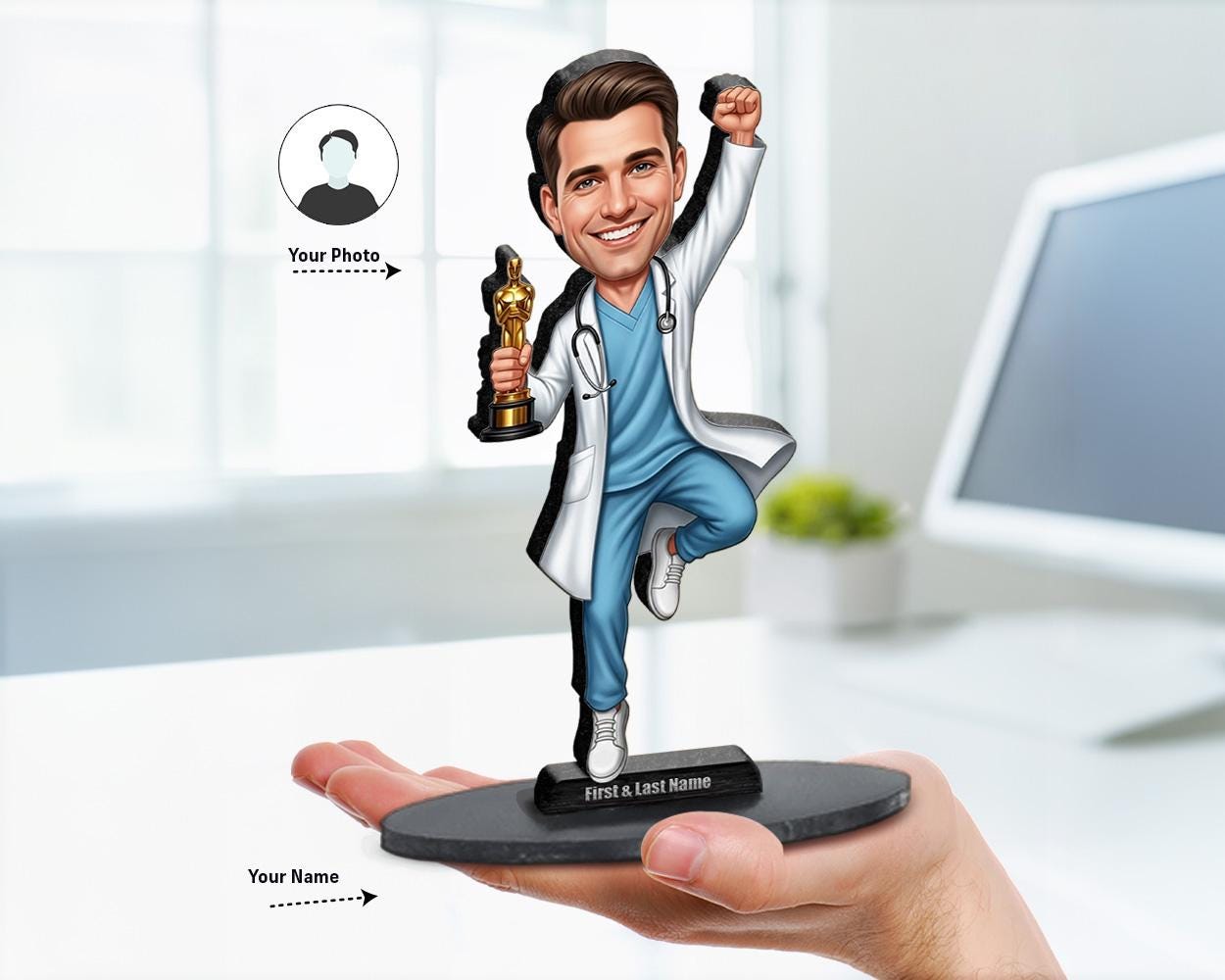 Big-head caricature of a white male doctor in scrubs with stethoscope, holding a golden trophy, printed on wood or acrylic, standing pose on white background.