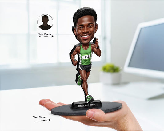 Big-head caricature figurines of male marathon runners with race outfits, medals, trophies, and flags, printed on wood or acrylic, standing poses, white background.